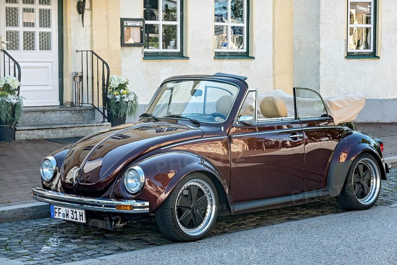 Vintage Volkswagen VW Beetle Cabriolet, convertible, restored, refined, wide tyres, wide tyres, parked on the street with top down, number plate changed, Freising, Upper Bavaria, Bavaria, Germany, Europe
