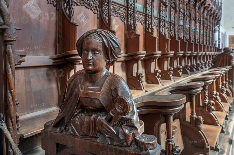 Figure on the late Gothic choir stalls from 1507, St Martin, Memmingen, Bavaria, Germany, Europe