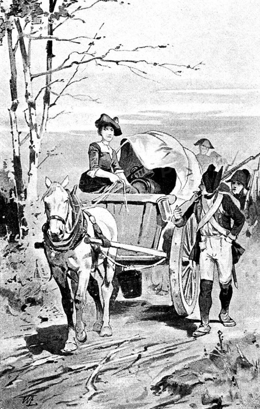 Pictures from the life of a soldier, soldiers and sutler go into battle on a covered wagon, horse-drawn wagon, marching column, rifle, uniform, sandy path, uncertainty, historical illustration 1890
