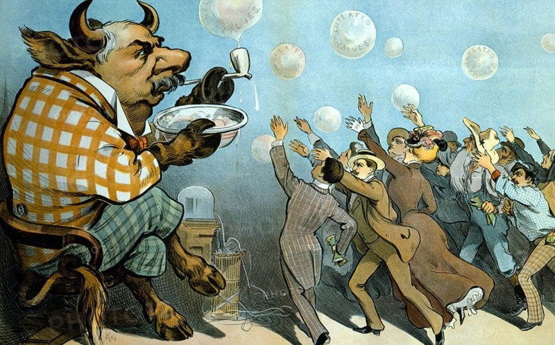 Wall Street bubbles:, Always the same. J. Pierpont Morgan (1837-1913), American financier who, as a bull, inflated bubbles with inflated values that a group of people greedily grabbed. From Puck, New York 1901. telegraph ticker tape