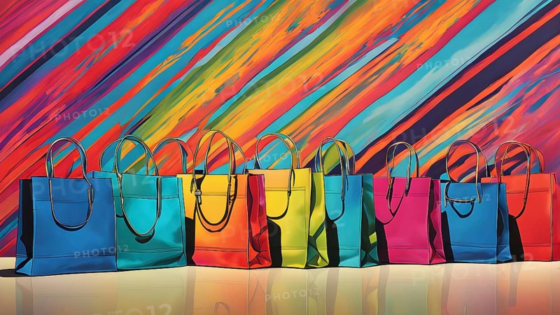 Assorted vibrant shopping bags lined up in front of a colored background, AI generated