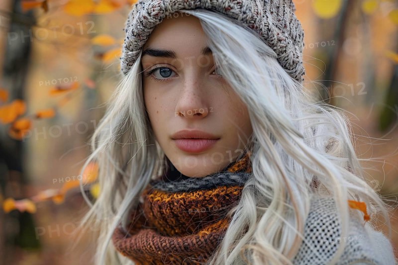 Young woman with knitted hat and scarf in autumn forest in background. Generative Ai, AI generated