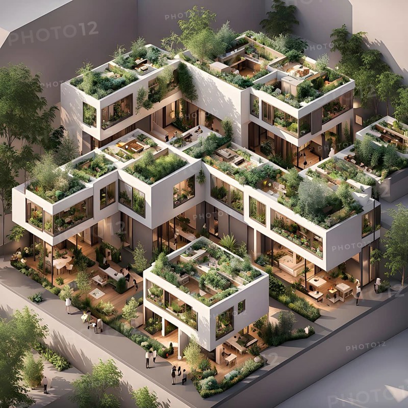 3d render of a compact community of interconnected artists studios in co living, AI generated