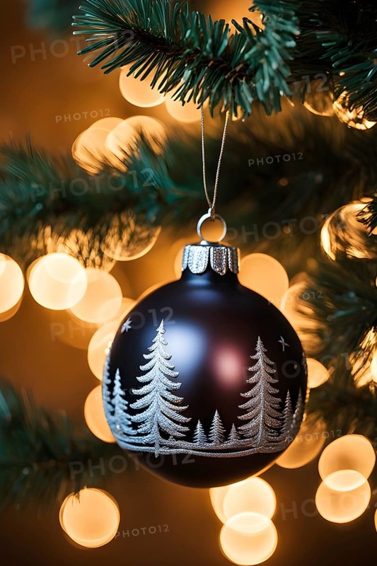 Christmas ornament hanging on a tree, with reflections of twinkling lights and fireplace flames flickering in the background, AI generated
