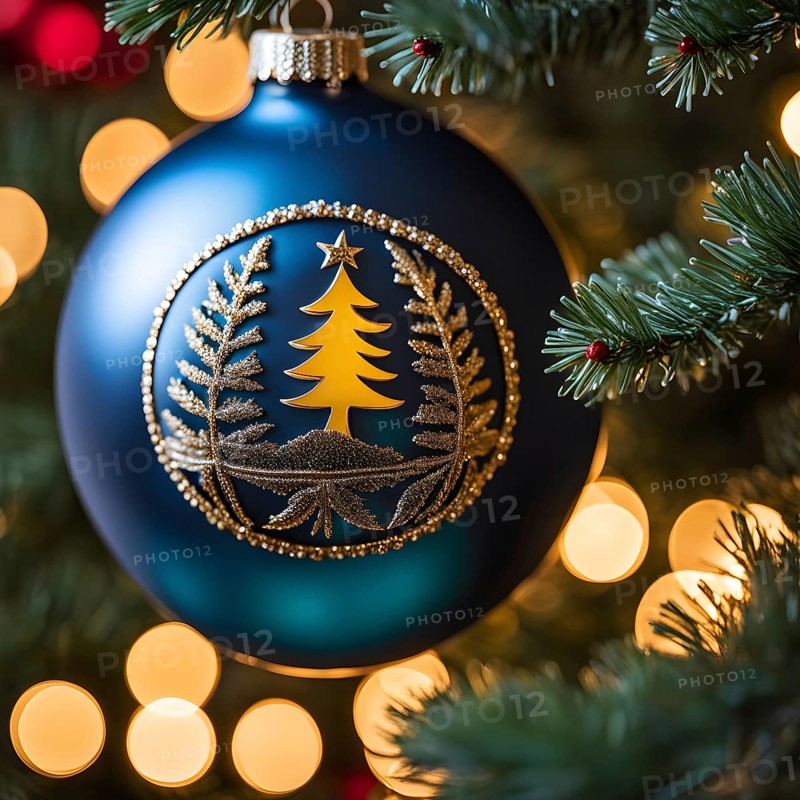 Christmas ornament hanging on a tree, with reflections of twinkling lights and fireplace flames flickering in the background, AI generated