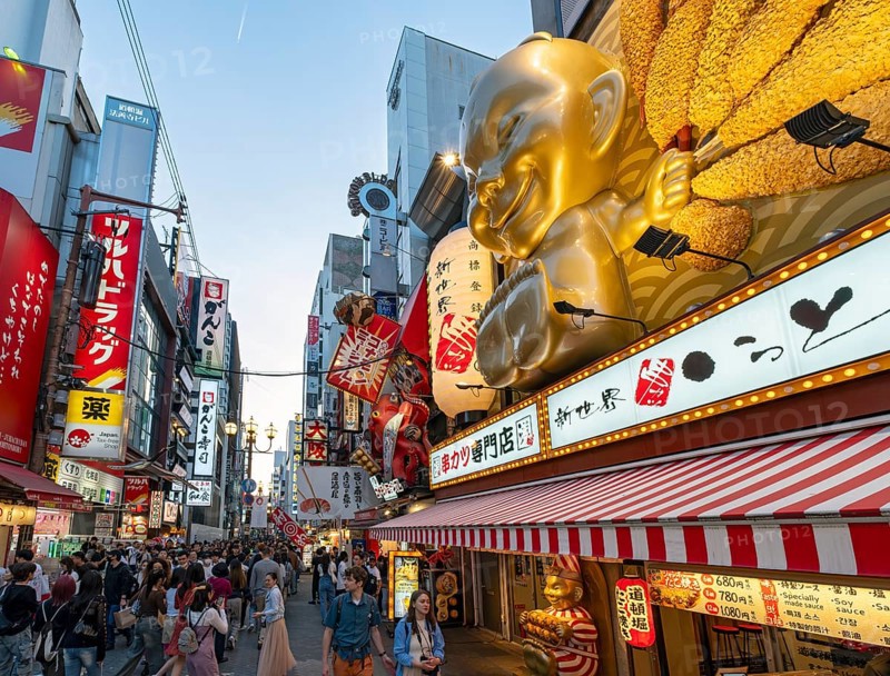 Night-time street with neon lights and illuminated signboards, Dotonbori district, Osaka, Japan, Asia
