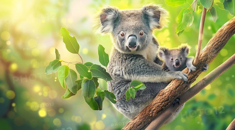 Australia, Cute Koala bear with a joey cub sitting on a tree in natural habitat., AI generated, Oceania