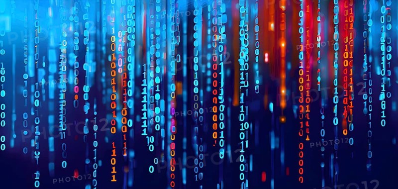Binary code cascading down like digital rain, representing data insights, vibrant hues, AI generated