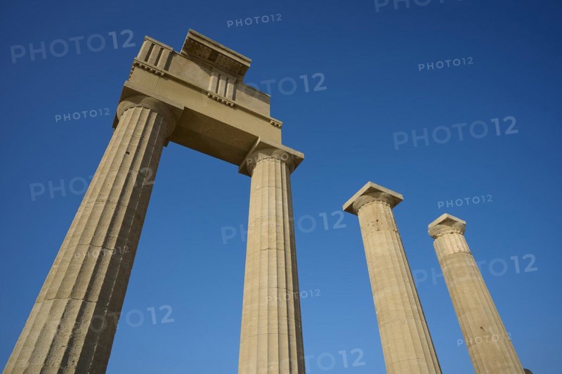 Super wide angle shot, Acropolis of Lindos, morning light, Temple of Athena Lindia, Lindos, Rhodes, Dodecanese, Greek Islands, Greece, Europe