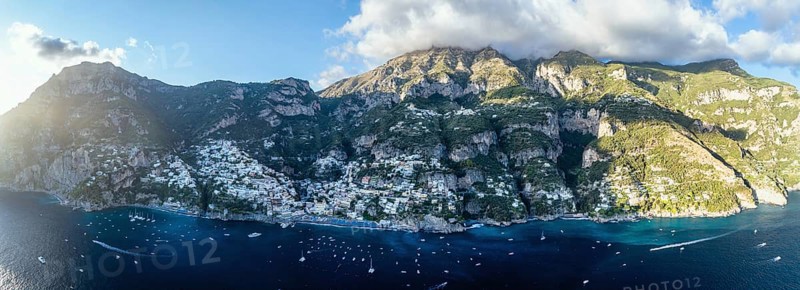 Panorama of Positano from a drone, Amalfi Coast, Italy, Europe