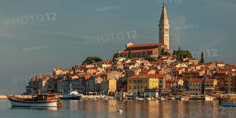 Harbour in the old town with Sveta Eufejima church, Rovinj, Istria, Croatia, Europe