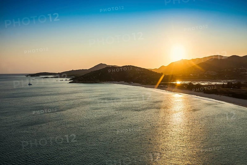 Beach and mountains, sunset, Spiaggia di Sa Colonia, Torre di Chia, Chia, south coast, Sardinia, Italy, Europe