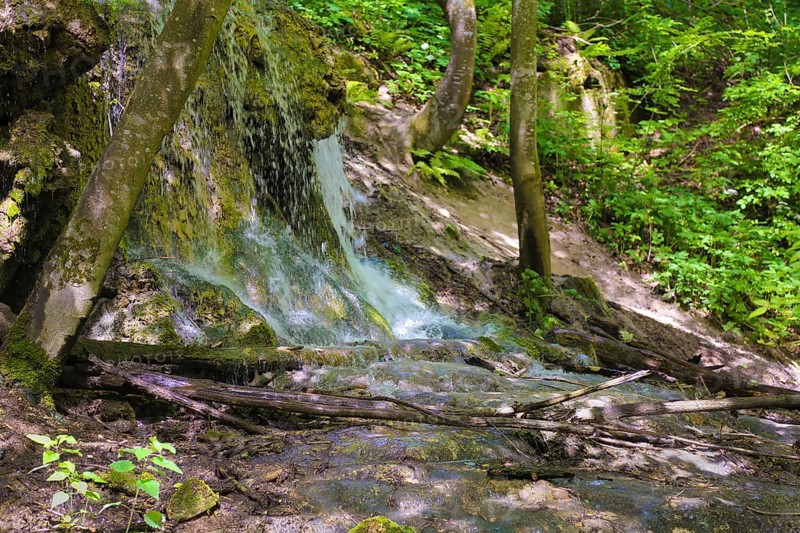 Small waterfall at the Gönningen lakes, calcareous tufa nature trail, idyll, nature, at the foot of the Swabian Alb, Gönningen near Reutlingen, Wiesaztal, Baden-Württemberg, Germany, Europe