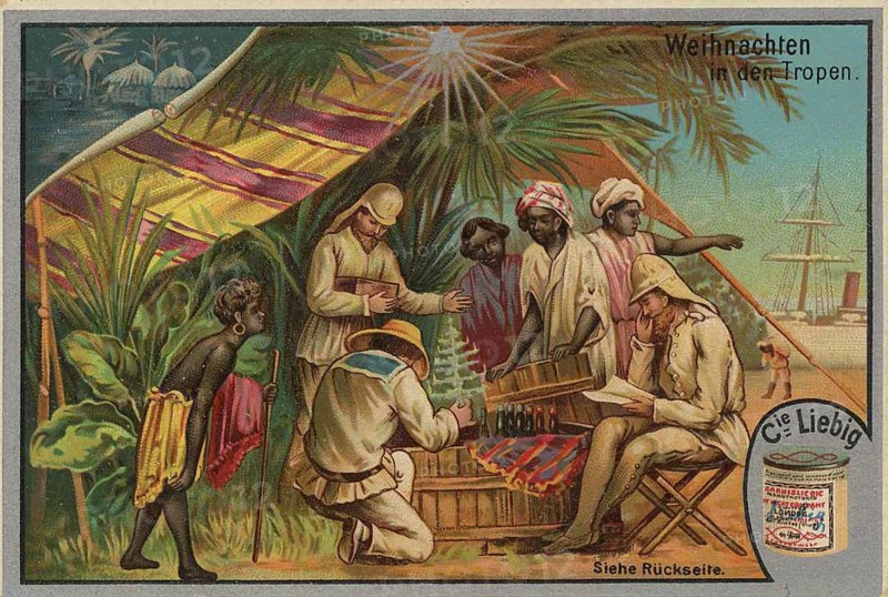 Picture series famous Christmas, in the tropics, Liebig picture, digitally restored reproduction of a collection picture from ca 1900, public domain, exact date unknown, Europeans celebrating Christmas in a tent in the tropics, surrounded by natives