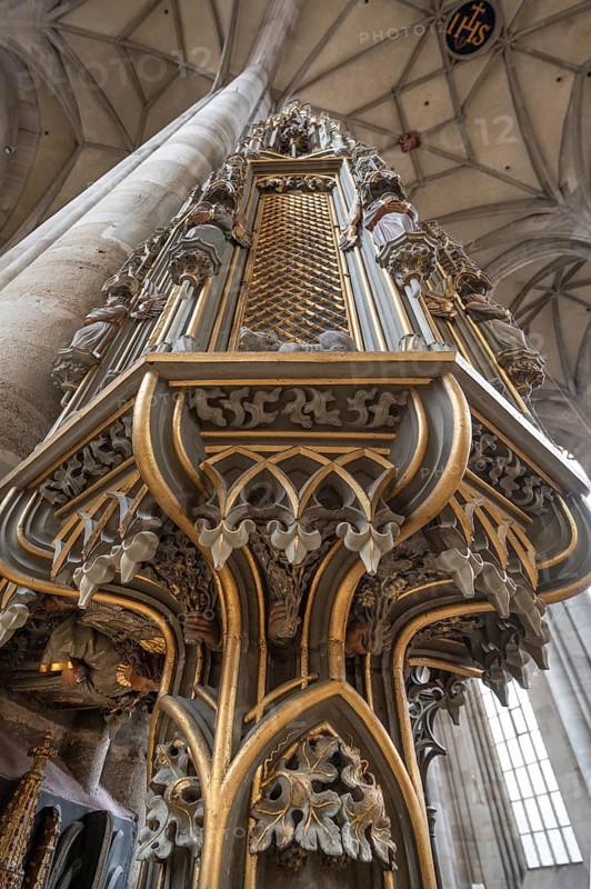 Late Gothic sacrament house in the late Gothic hall church of St George, Dinkelsbühl, Bavaria, Germany, Europe