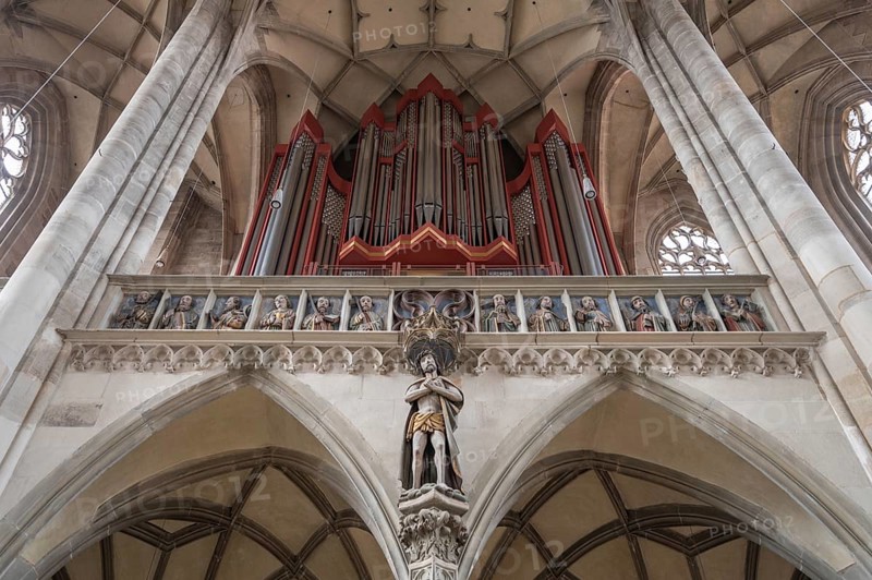 Organ loft, organ built in 1997, late Gothic hall church of St George, Dinkelsbühl, Bavaria, Germany, Europe