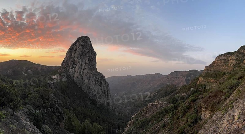 Roque de Agando rock tower at sunrise, Monumento Natural de los Roques, La Gomera, Canary Islands, Spain, Europe