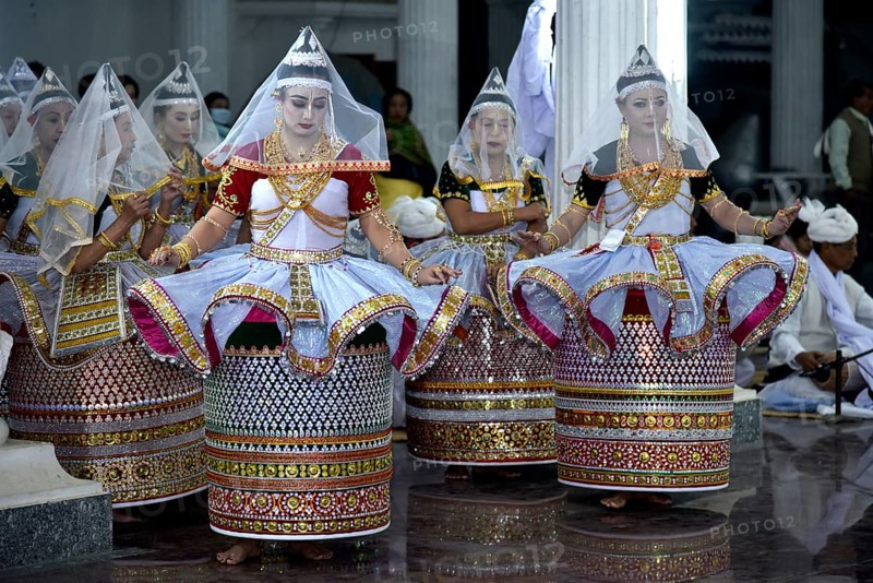 Artistes enacting the role of Gopi as they perform Manipuri Raas Leela Dance in Imphal, Manipur, India on Friday, 23 November, 2018. The Rasa Leela is the famous dance of Manipuri culture invoking deep feelings of people. The dance illustrates an eternal love of Radha and Krishna as been described in the Hindu scriptures and puranas