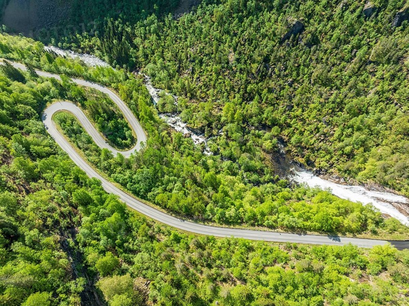 Aerial view of outflow of waterfall Skjervsfossen, near Granvin, Hardanger, Norway, Europe