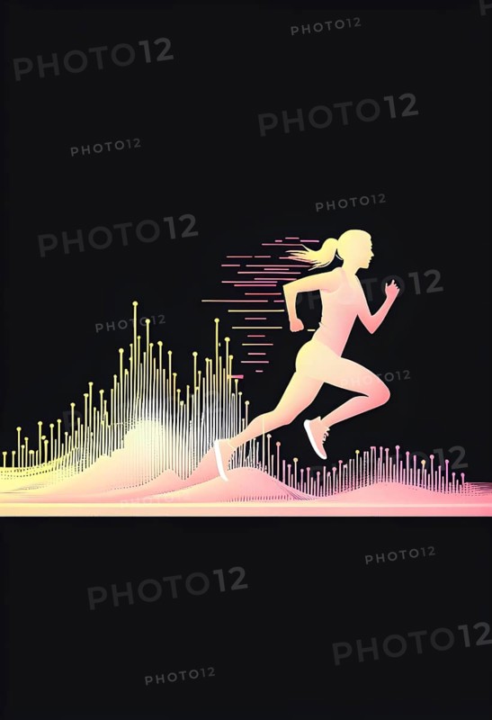 Illustration of a wave of data points shaping into a female runner silhouette, red and yellow pastel hues, conveying speed and precision guided by AI, AI generated