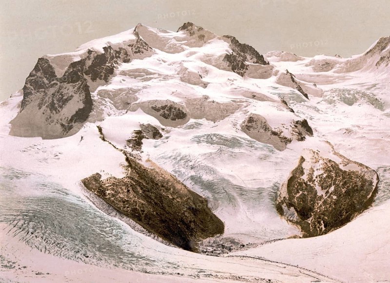 Monte Rosa is an extensive mountain massif in the Valais Alps, on the border between Italy and Switzerland / Monte Rosa, Valais, Alps of, Switzerland, Historic, digitally restored reproduction from a 19th century original, Record date not stated, Europe