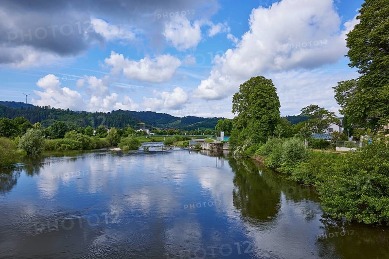 River Kinzig with landscape and blue sky with cumulus clouds near Gengenbach, Black Forest, Ortenaukreis, Baden-Württemberg, Germany, Europe