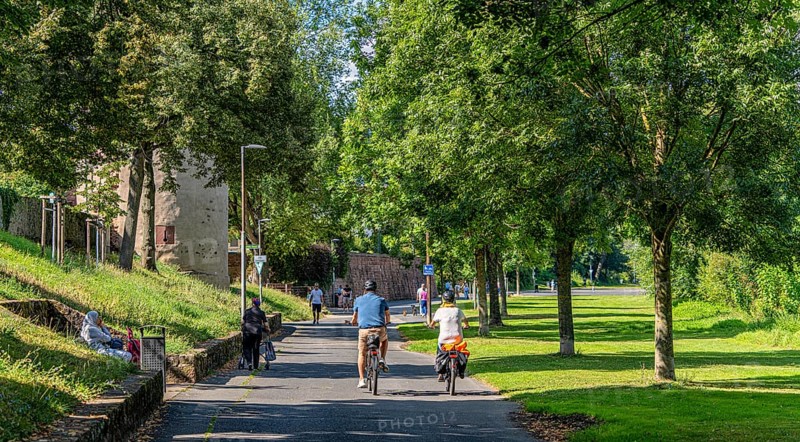 Cyclists and pedestrians on the banks of the Main, Seligenstadt, Hesse, Germany, Europe