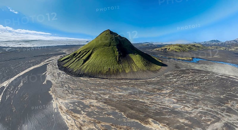 Aerial view, Mælifell mountain covered with moss, Maelifell, black sand desert Mælifellssandur, glacial streams, glacier Myrdalsjökull, Icelandic highlands, Iceland, Europe