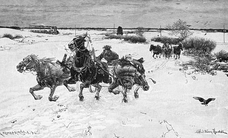 Winter sleigh ride in a rural idyll, frost, snow, cold, pleasure, three-horse sleigh, galloping horses, speed, two horse-drawn sleighs, near St. Petersburg, Russia, historical illustration around 1890, Europe
