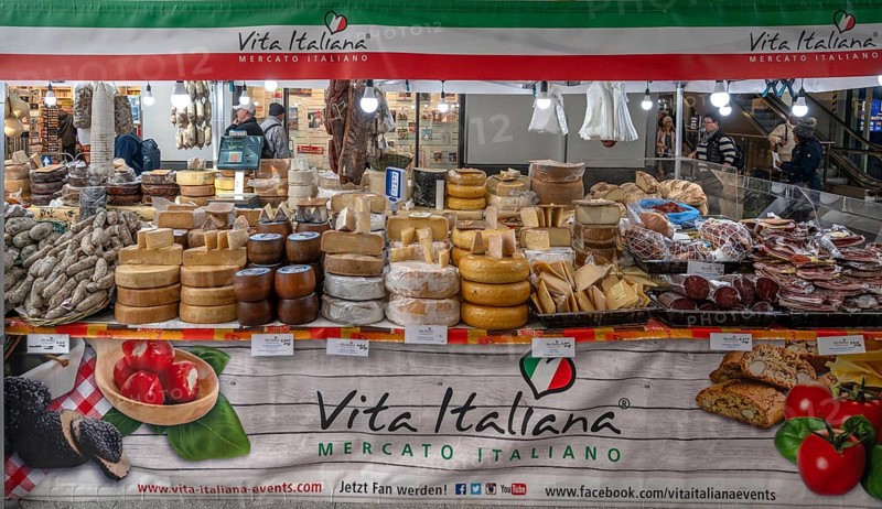 Italian cheese and sausage offer during the Italian weeks in Nuremberg, Middle Franconia, Bavaria, Germany, Europe