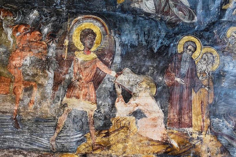 Fresco of a religious scene with saints, a kneeling martyr, a demonic figure and angels with halos, Asklipio village, Asklipion, Kimisis tis Theotokou church, Rhodes, Dodecanese, Greek Islands, Greece, Europe