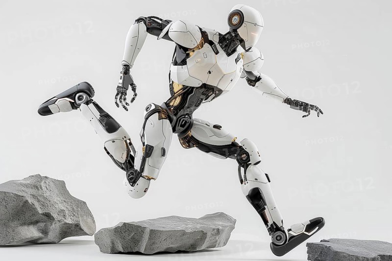 Futuristic humanoid cyborg running and jumping over rocks in front of a white background, AI generated