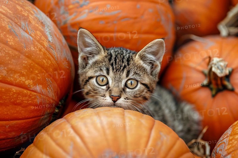 Young cat between large orange pumpkins. Generative Ai, AI generated