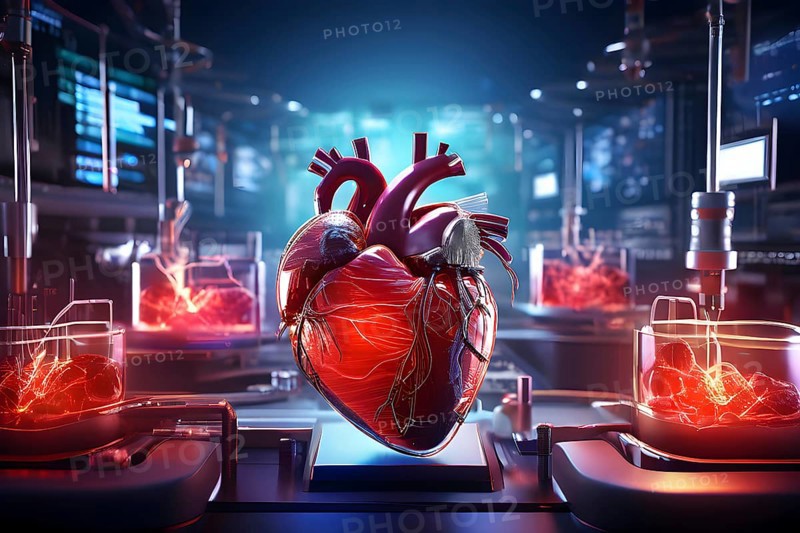 Human heart enmeshed in a delicate network of cells and arteries, AI generated
