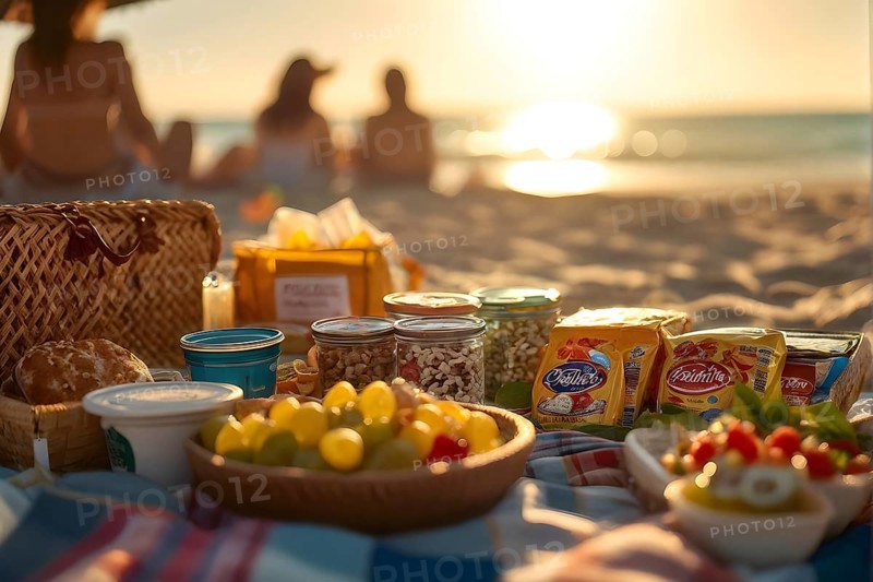 Picnic scene with healthy food and snacks on a sunny sandy beach, AI generated