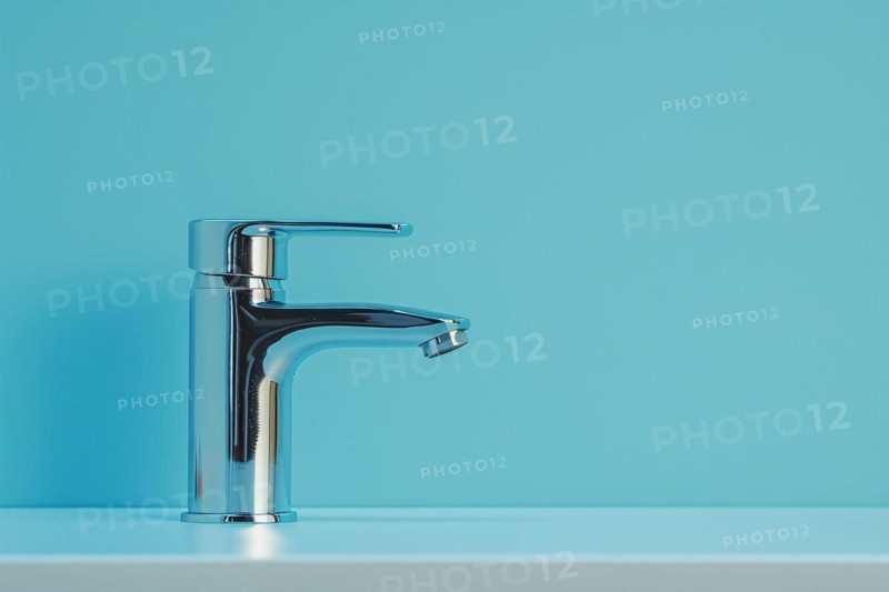 Water faucet tap on blue studio background. KI generiert, generiert, AI generated