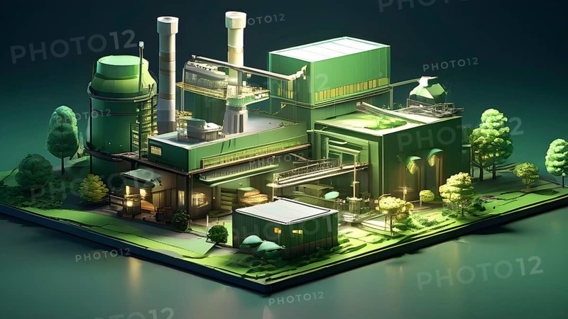 Concept model of green factory engaged in the act of green washing, AI generated