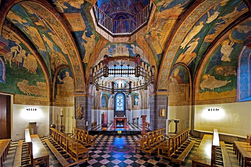 St. Maria and Clemens, Romanesque double church, lower church, view into the choir with ceiling paintings, Bonn, North Rhine-Westphalia, Germany, Europe