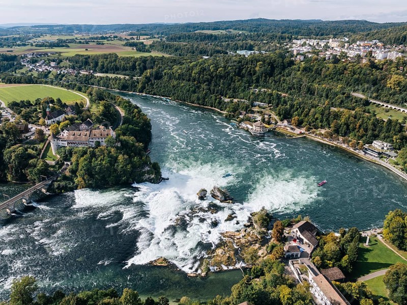 Aerial view of the Rhine Falls in autumn, Neuhausen, Canton Schaffhausen, Switzerland, Europe