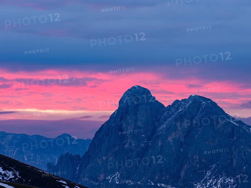 Peitlerkofel under red illuminated clouds, Vilnöss Valley, Dolomites, South Tyrol, Italy, Europe