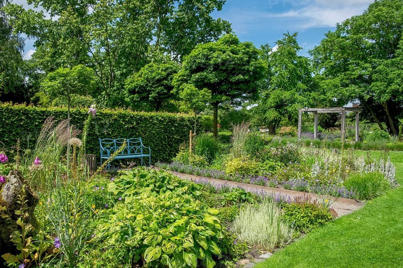 Perennial beds, district educational garden, Burgsteinfurt, Steinfurt, Münsterland, North Rhine-Westphalia, Germany, Europe