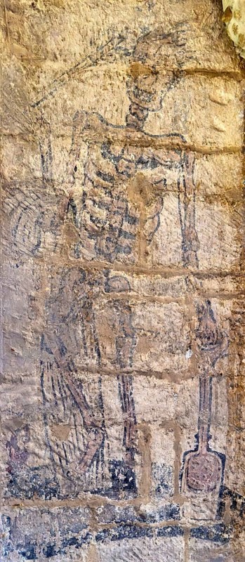 Wall painting of skeleton representing Father Time with scythe, church of Saint Michael, Yanworth, Gloucestershire, England, UK