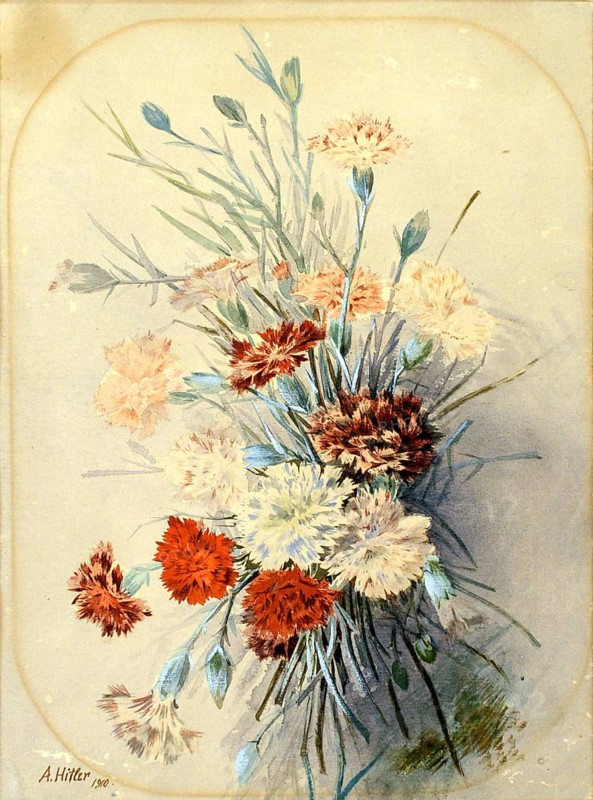 Bouquet of Carnations, Painting by Adolf Hitler (1889-1845), Historical, digitally restored reproduction from a 20th century original, public domain, Record date not stated