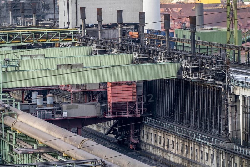 Coke oven batteries of the Schwelgern coking plant, supplies the Schwelgern blast furnace plant of Thyssenkrupp Steel, on the Rhine, with over 2.5 million tonnes of coke, is considered the most modern coking plant in the world with the world's largest coke oven batteries, Duisburg North Rhine-Westphalia, Germany, Europe
