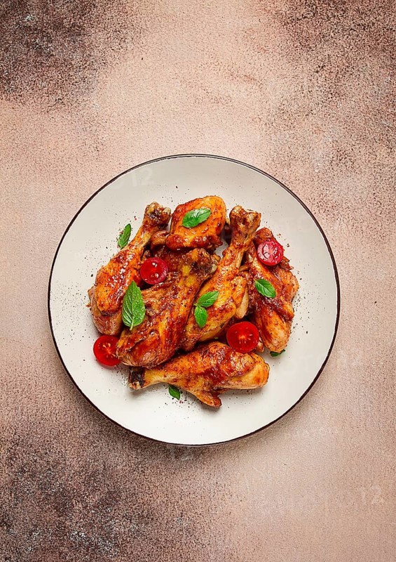 Fried chicken legs, in soy sauce, spices, herbs, top view, homemade