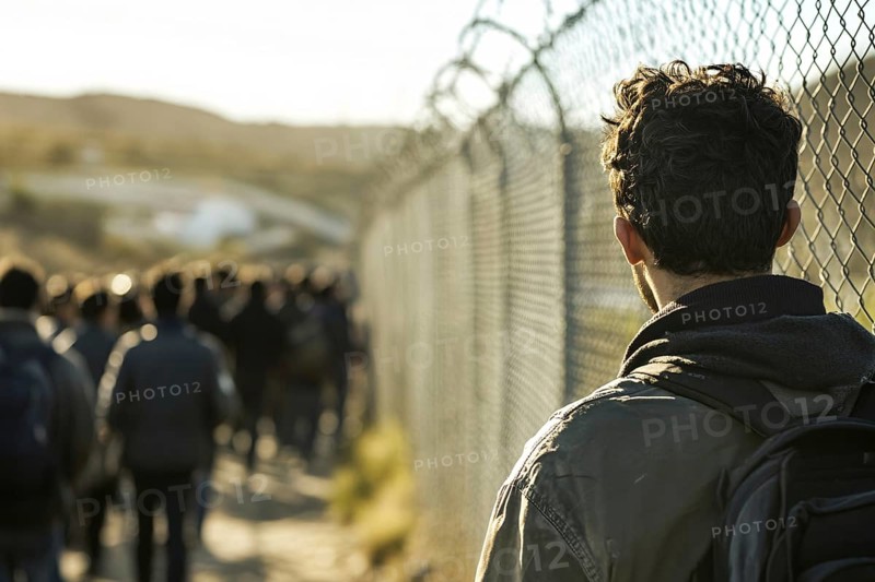 Male immigrants at border with fence. Generative AI, AI generated