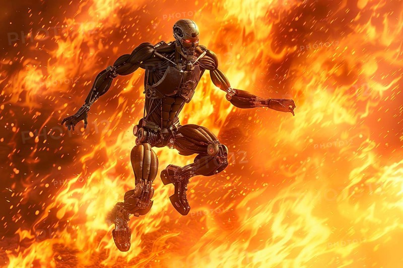 Futuristic humanoid robot running and jumping through an apocalyptic fire, AI generated
