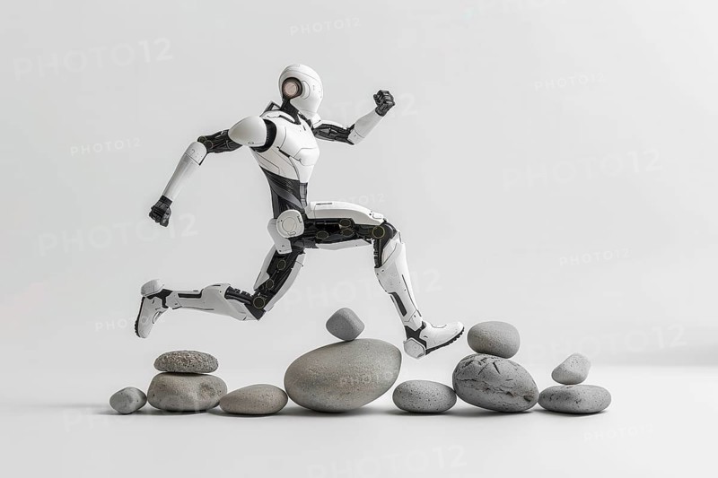 Futuristic humanoid cyborg running and jumping over rocks in front of a white background, AI generated