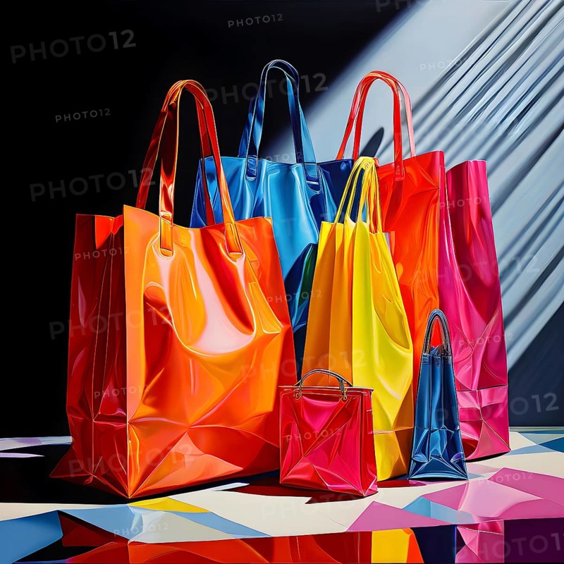 Assorted vibrant shopping bags lined up in front of a grey background, AI generated