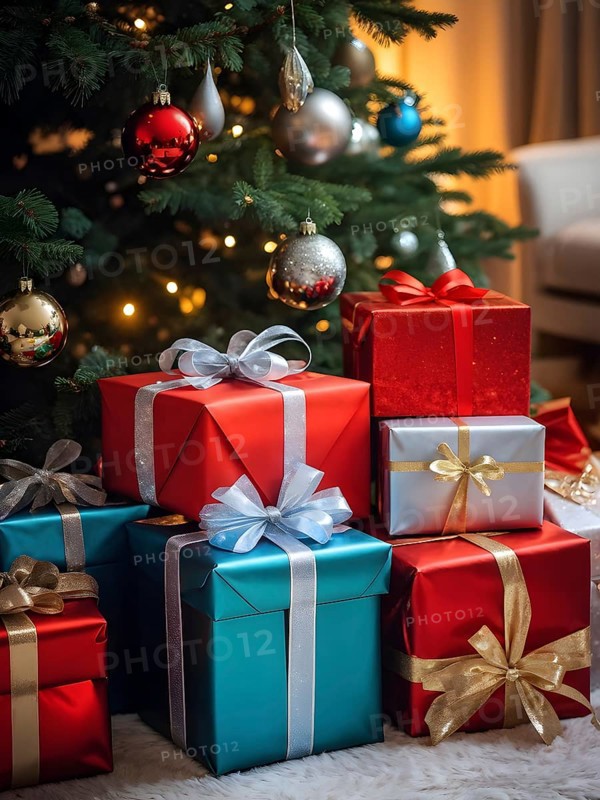 Beautiful wrapped Christmas gifts with shiny ribbons and bows stacked under a evergreen tree in a cozy living room, AI generated